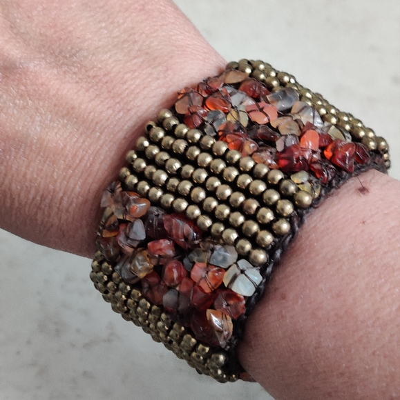 Handmade Carnelian Stones Crocheted Cuff Bracelet OOAK - Picture 2 of 12